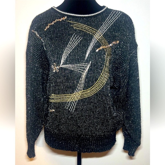 Vintage Andene Knit Sweater Large Metallic embroidered Sequin Rhinestone Black - Picture 1 of 5